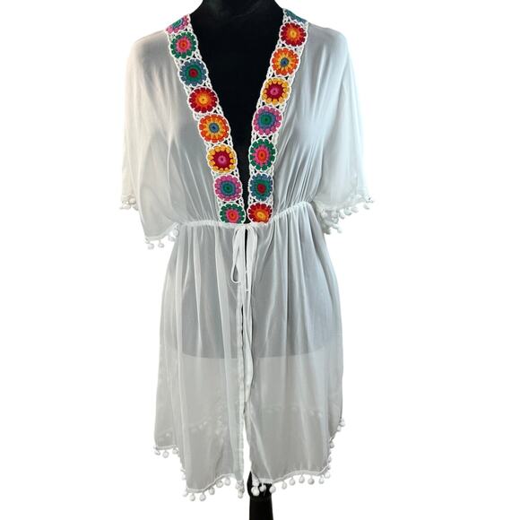Sheer White Swim Cover Up Women’s Small Floral Embroidered Boho Beach Kimono - Picture 1 of 5